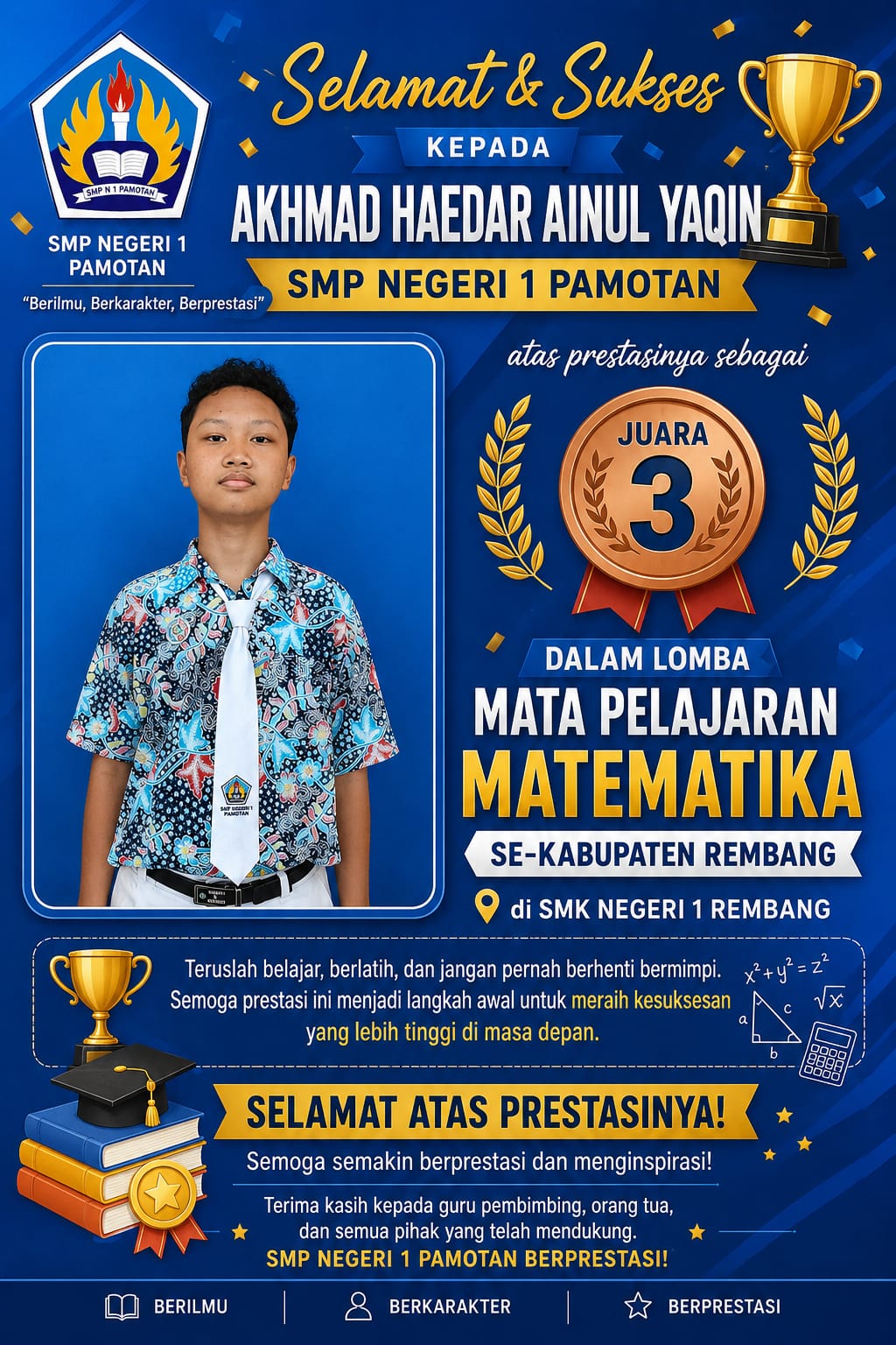 SMP Negeri 1 Pamotan Raih Juara 3 Lomba Mata Pelajaran Matematika SMP Se-Kabupaten Rembang