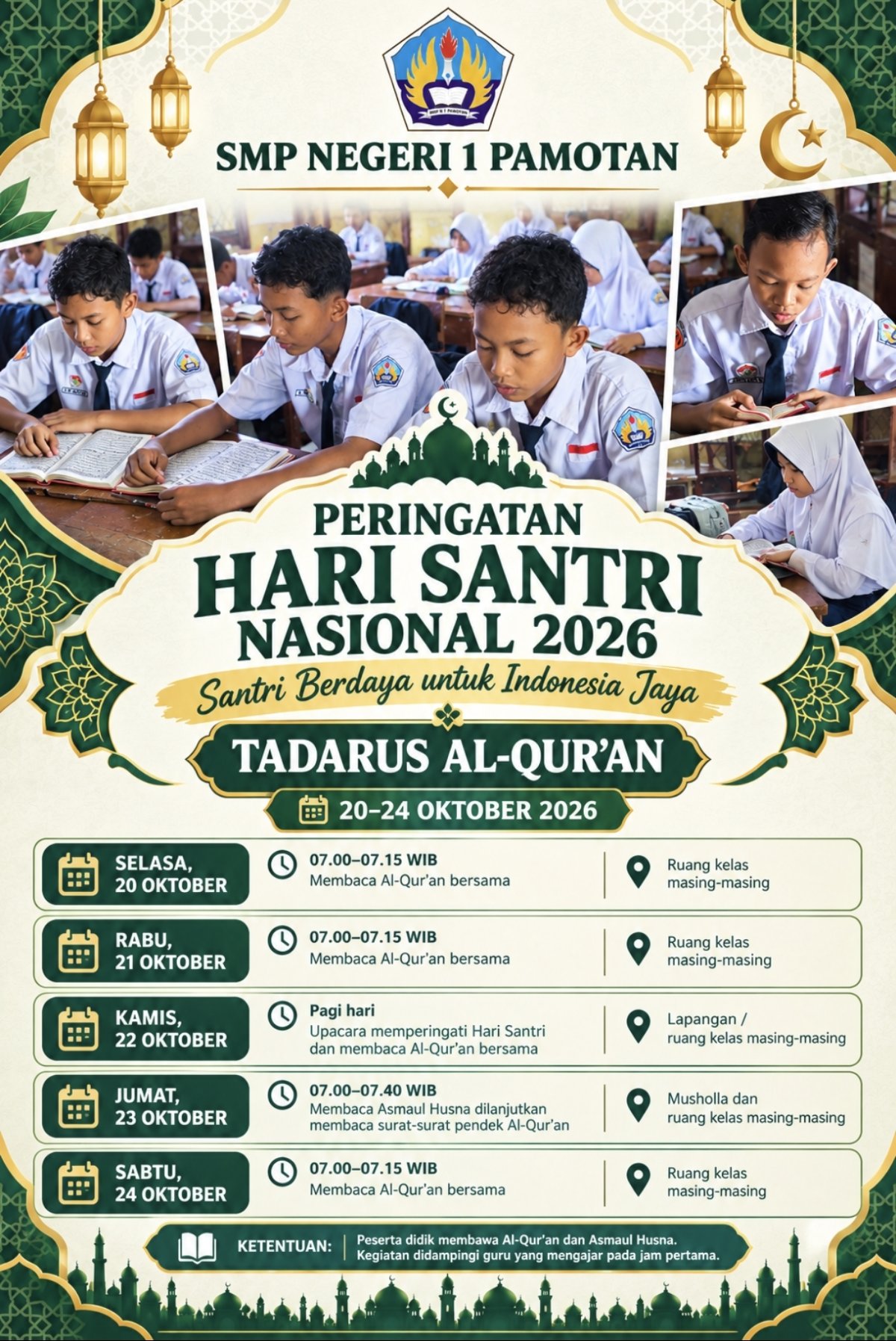 Peringati Hari Santri Nasional 2026, SMP Negeri 1 Pamotan Gelar Tadarus Al-Qur’an Sebelum Pembelajaran